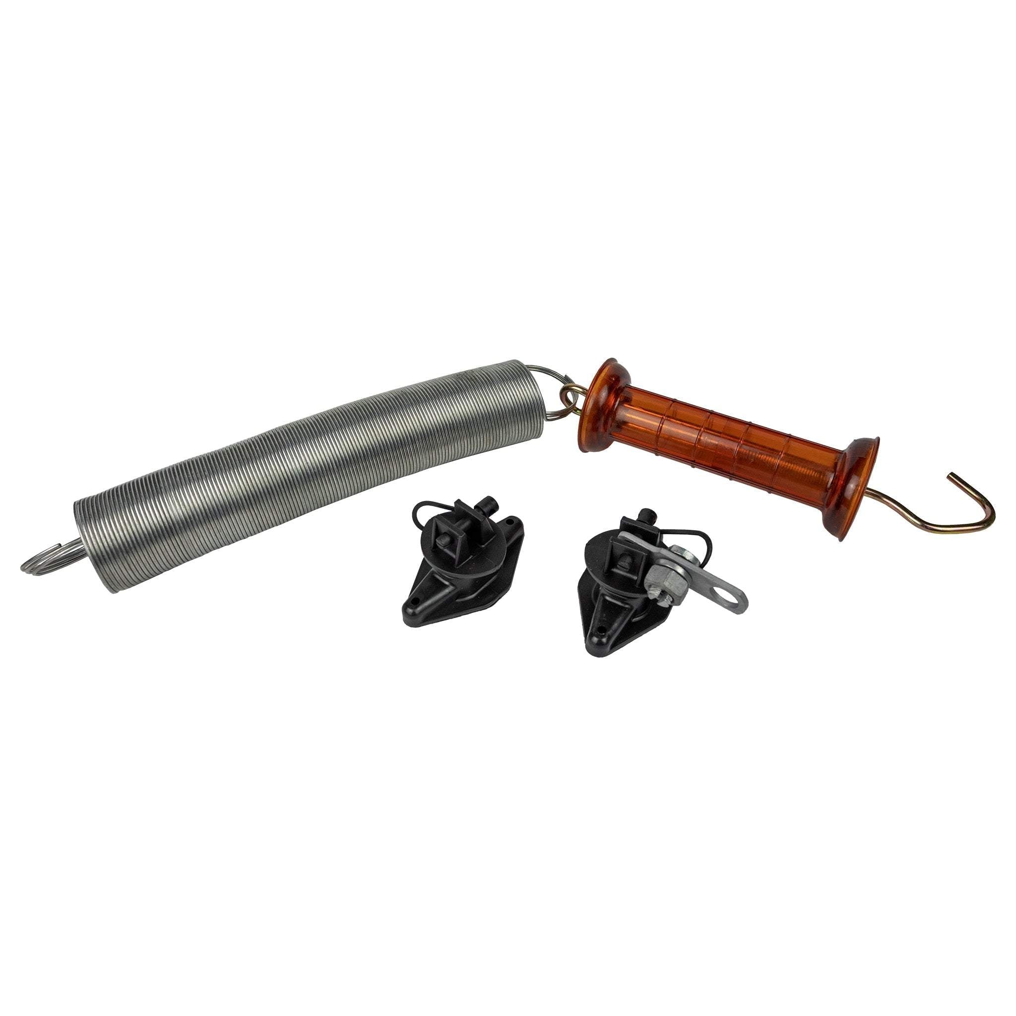 16' Spring Gate Kit, Includes: Polycarbonate gate handle, Spring, Insulator attachment, Single Activator plate and Zinc galvanized split bolt tap.
