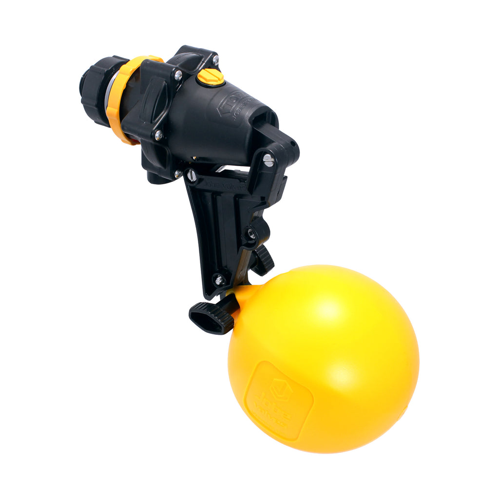 A black and yellow automatic water fountain sprinkler head with a large yellow spherical float, shown on a solid white background.