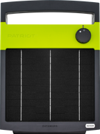 Patriot SolarGuard 500 solar fence charger with 9.6W solar panel and rechargeable 12V battery