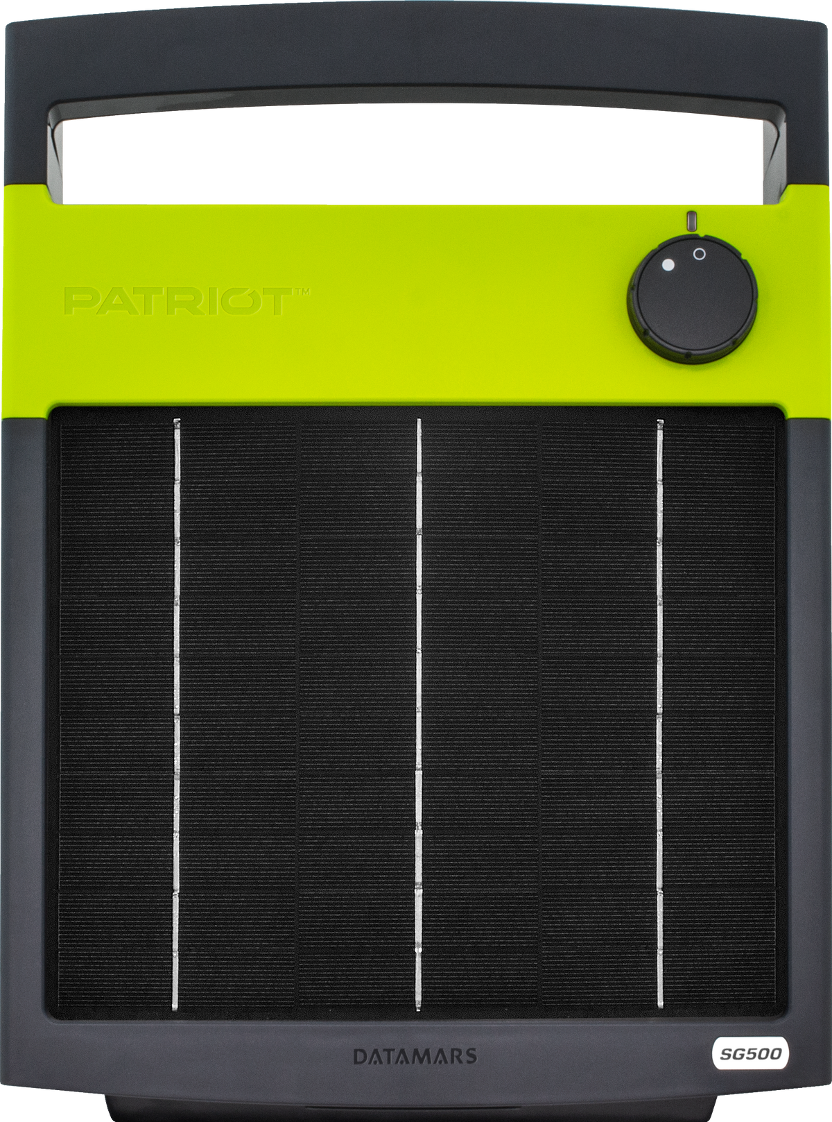 Patriot SolarGuard 500 solar fence charger with 9.6W solar panel and rechargeable 12V battery