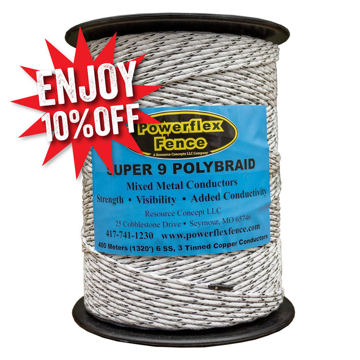 Pre - Order Now - Polybraid Electric Fence - Powerflex SUPER 9 (Mixed Tinned Copper/Stainless Steel) - 1320 ft - Powerflex